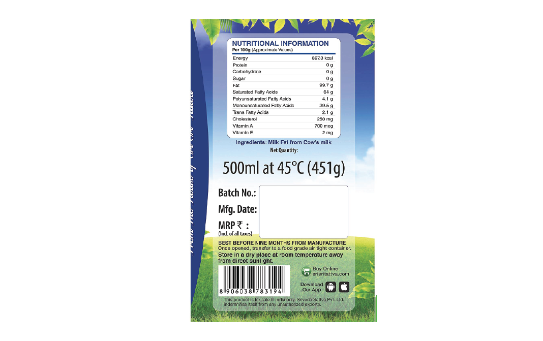 Sri Sri Tattva Cow's Pure Ghee    Pack  500 millilitre